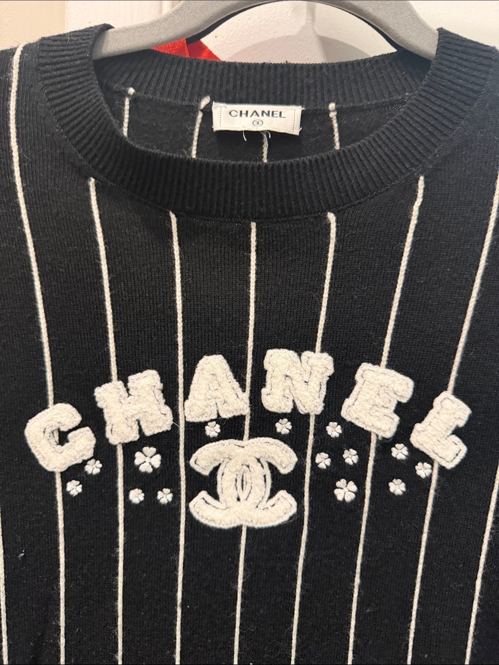 CHANEL Black and White Pinstripe Logo Knit Sweater